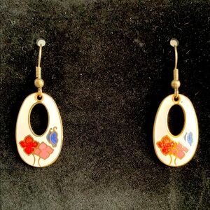 Oval Cutout Floral Enamel Pierced Drop Cloisonné Earrings Vintage 1980   Hooks